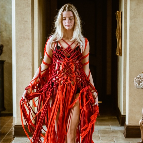 Handmade Macramé Deep Red Dress Cut Out Designer NYFW - Picture 9 of 16